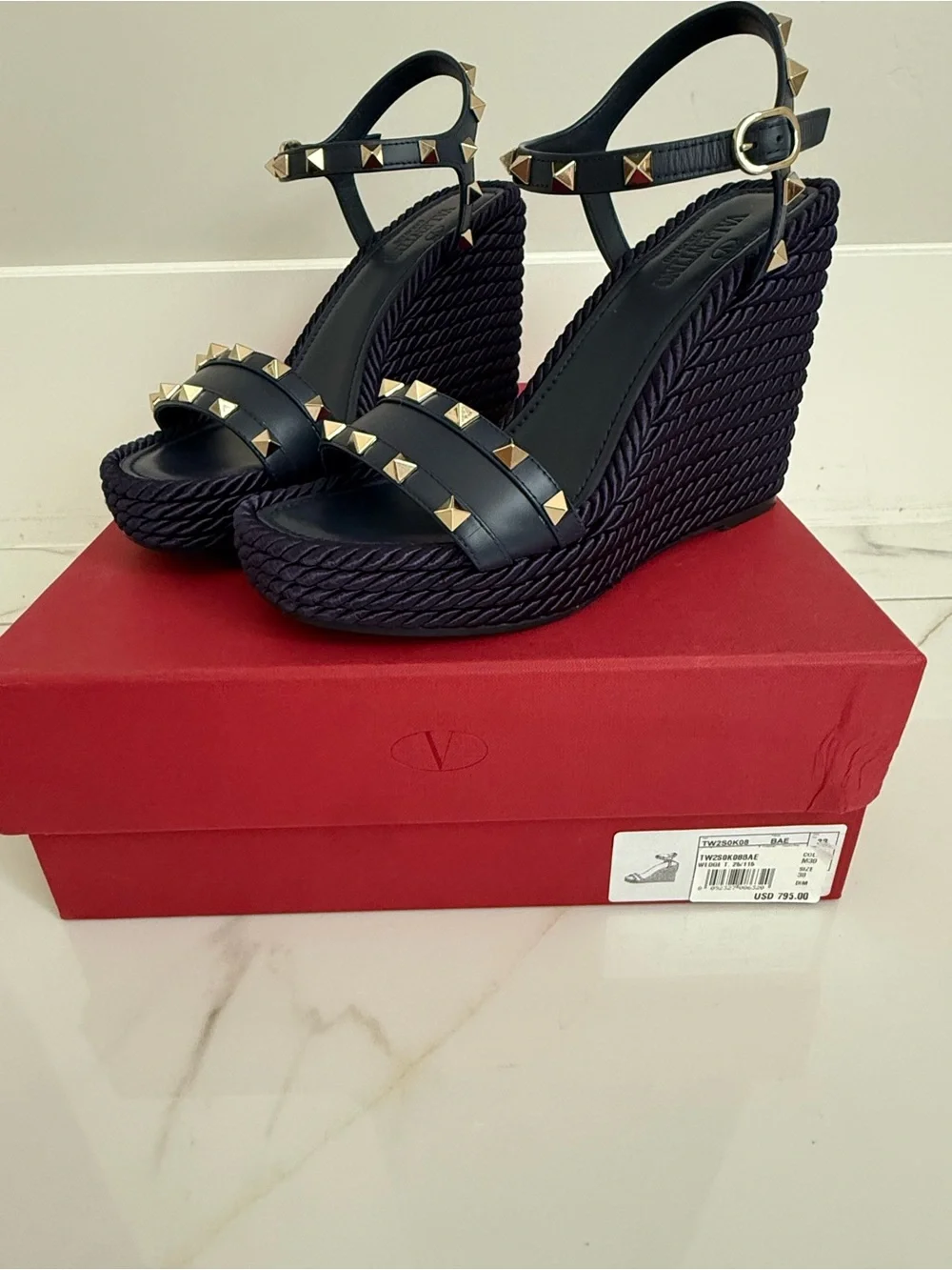 Valentino Navy Wedge Sandals with Gold Pyramid Studs